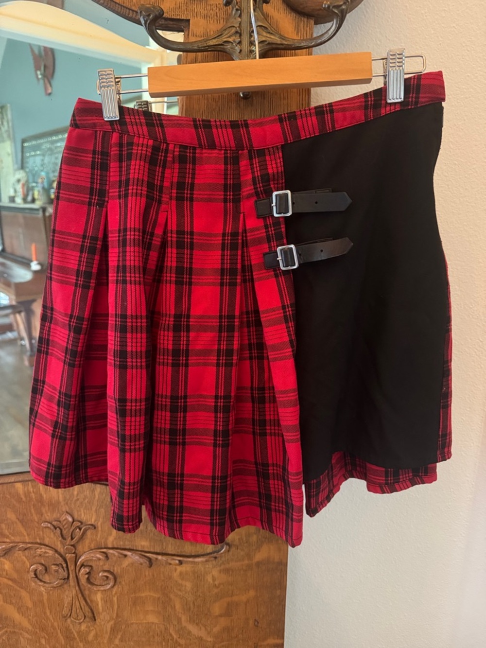 Hot Topic Red and Black Plaid Mini Skirt with Buckle Panels